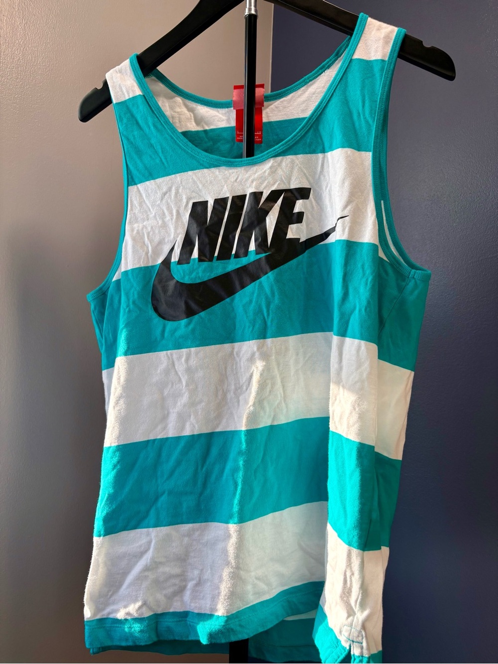 Nike Teal & White Striped Men’s Tank Top with Black Logo